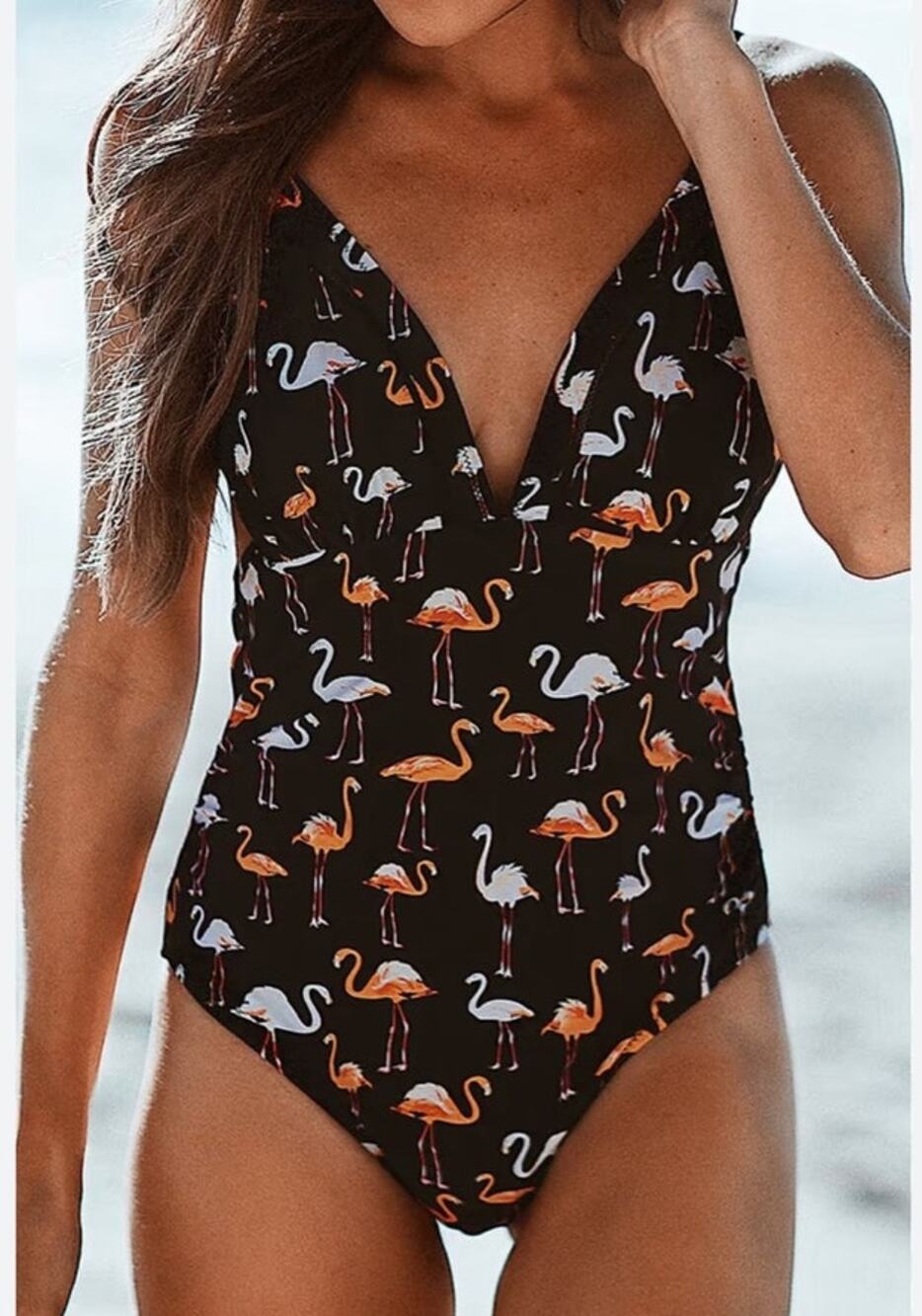 Cupshe Flamingo Print One Piece Swimsuit Black Tropical Beach Size L